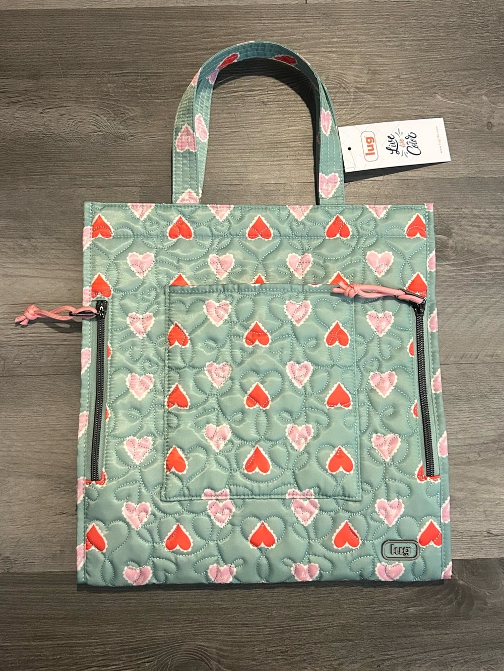 NWT Lug Quilted Runner Supreme Tote Bag Green Red Pink Hearts Print